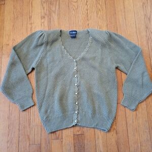 Hunters Run M Cardigan Green Scalloped Pearl Button Puff Sleeve Knit Cottage